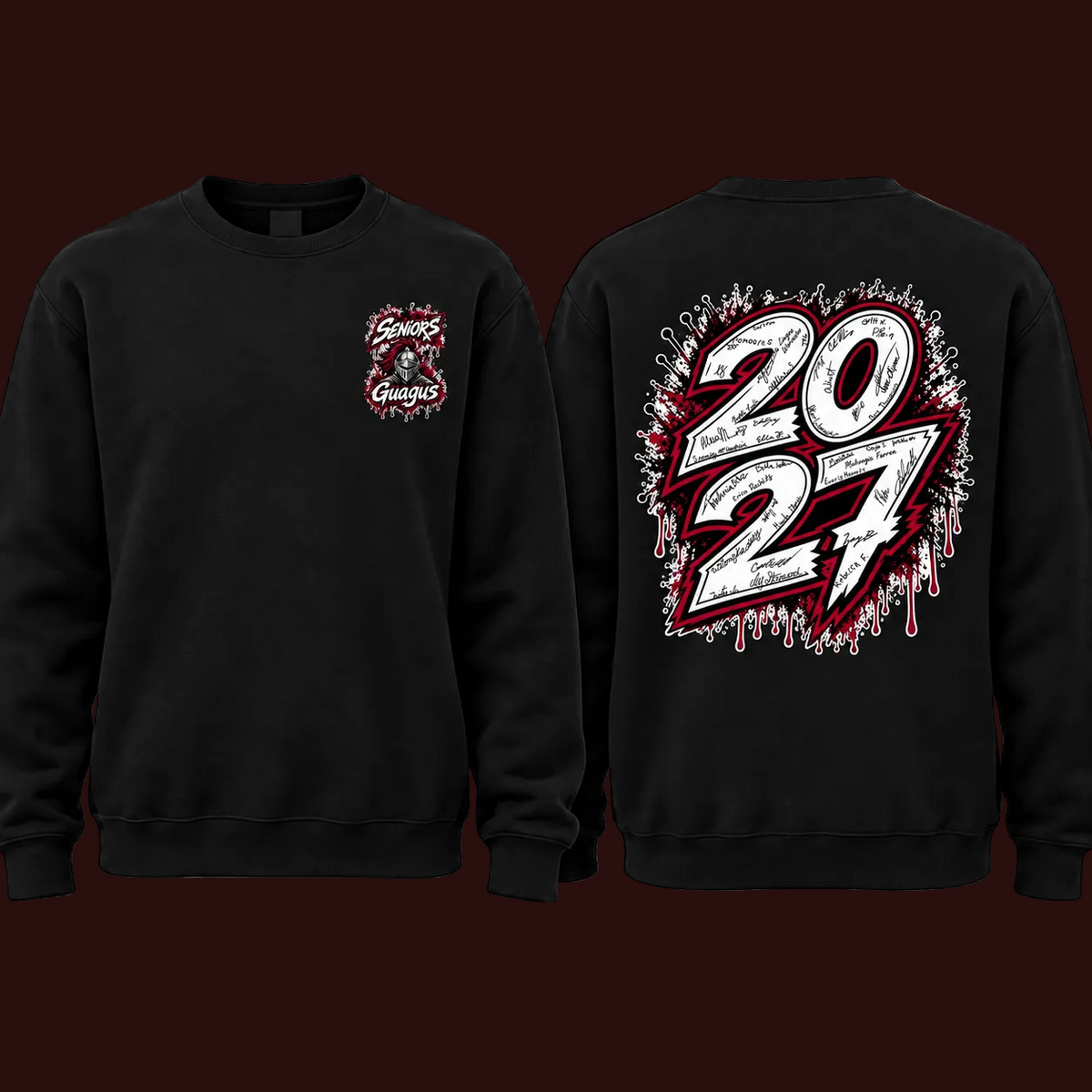 Narraguagus Knights Senior 2027 black crewneck with smaller left chest design and smaller 2027 signature back