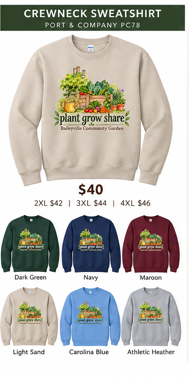 Baileyville Community Garden PC78 crewneck color and pricing mockup