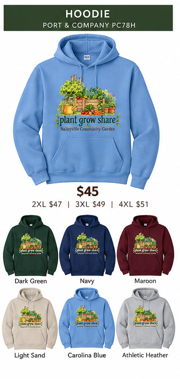 Baileyville Community Garden PC78H hoodie color and pricing mockup