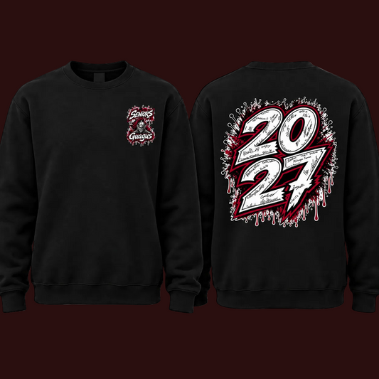 Narraguagus Knights Senior 2027 black crewneck with smaller left chest design and smaller 2027 signature back