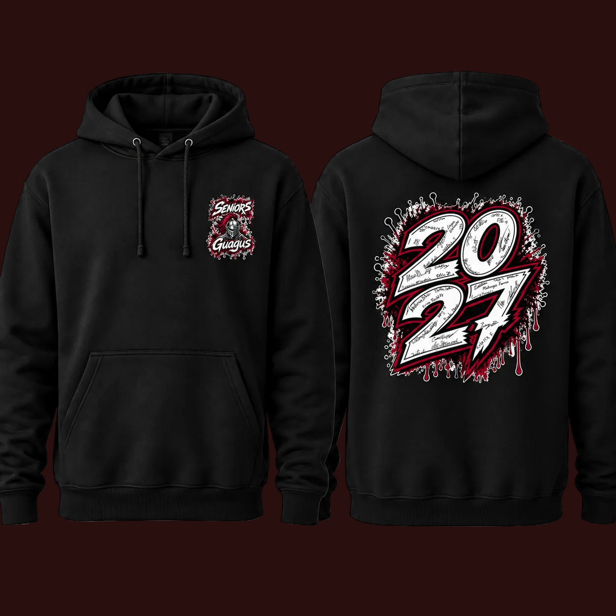 Narraguagus Knights Senior 2027 black hoodie with smaller left chest design and smaller 2027 signature back