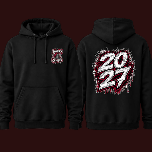 Narraguagus Knights Senior 2027 black hoodie with smaller left chest design and smaller 2027 signature back