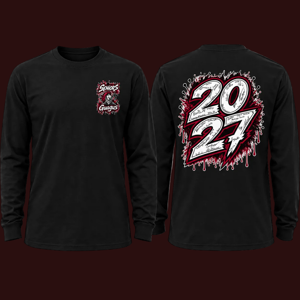 Narraguagus Knights Senior 2027 black long sleeve with smaller left chest design and smaller 2027 signature back